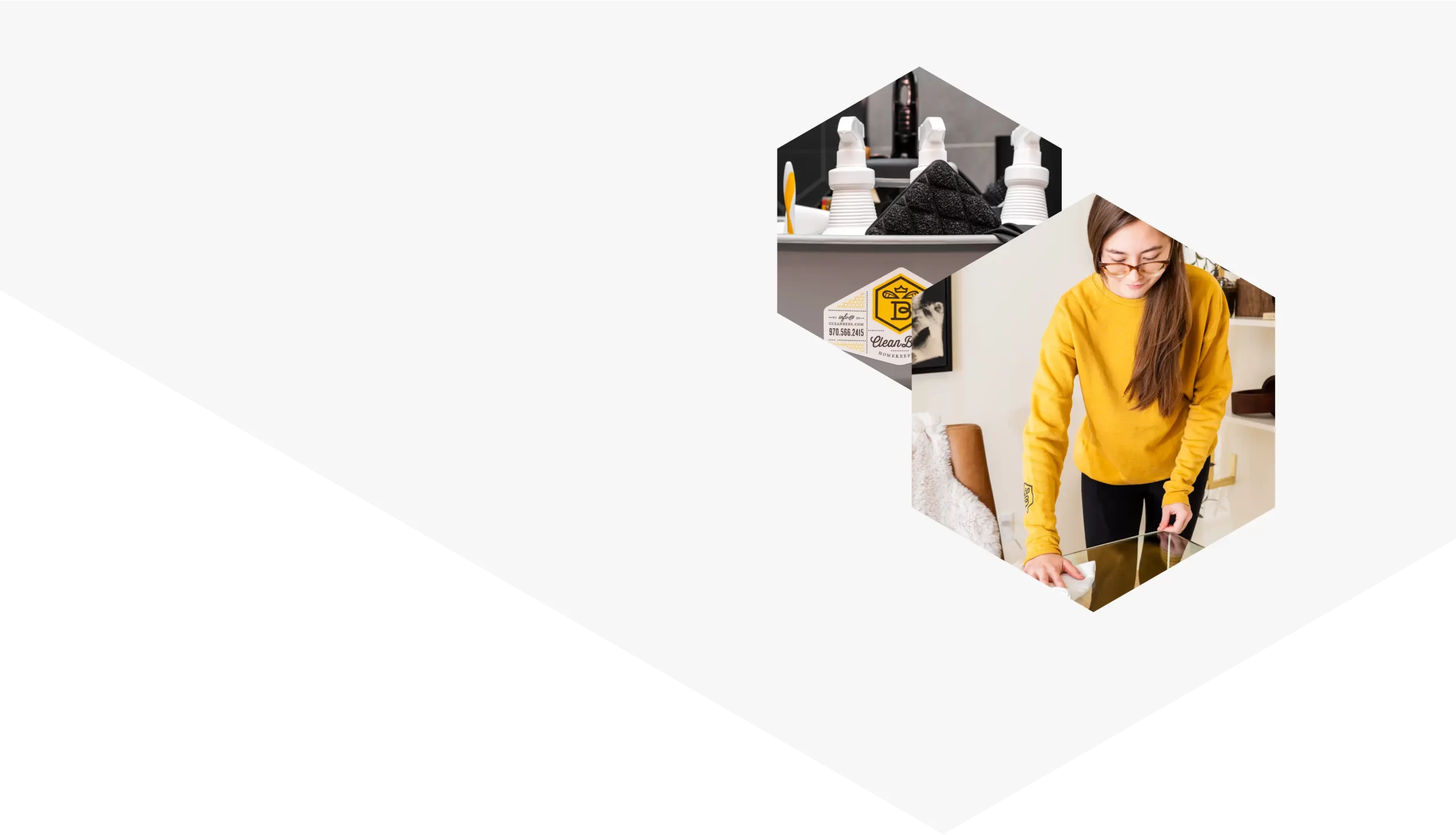 A graphic showcasing our professional cleaning services, with a caddy of supplies and a team member wiping a glass table.