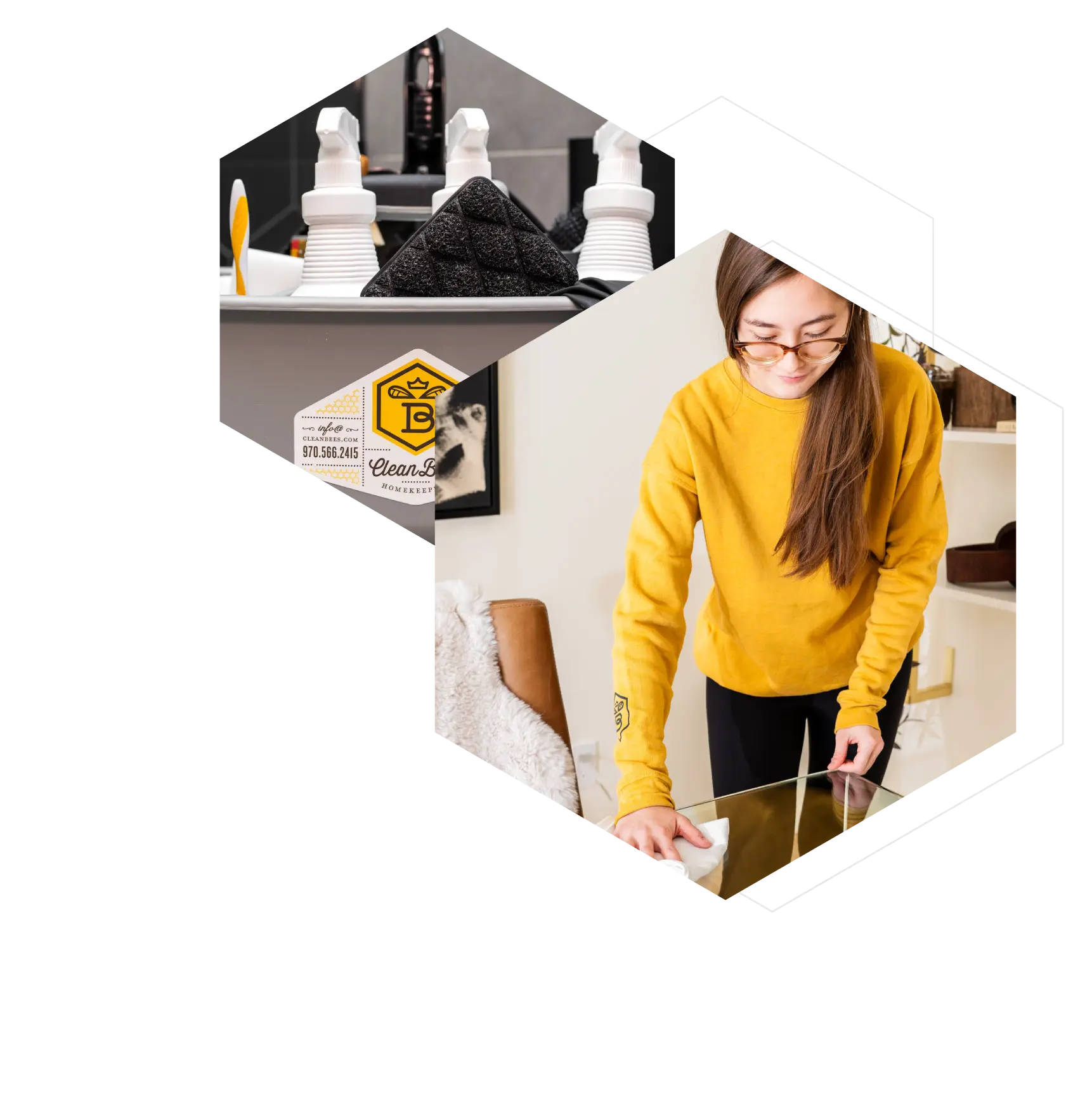 A graphic showcasing our professional cleaning services, with a caddy of supplies and a team member wiping a glass table.