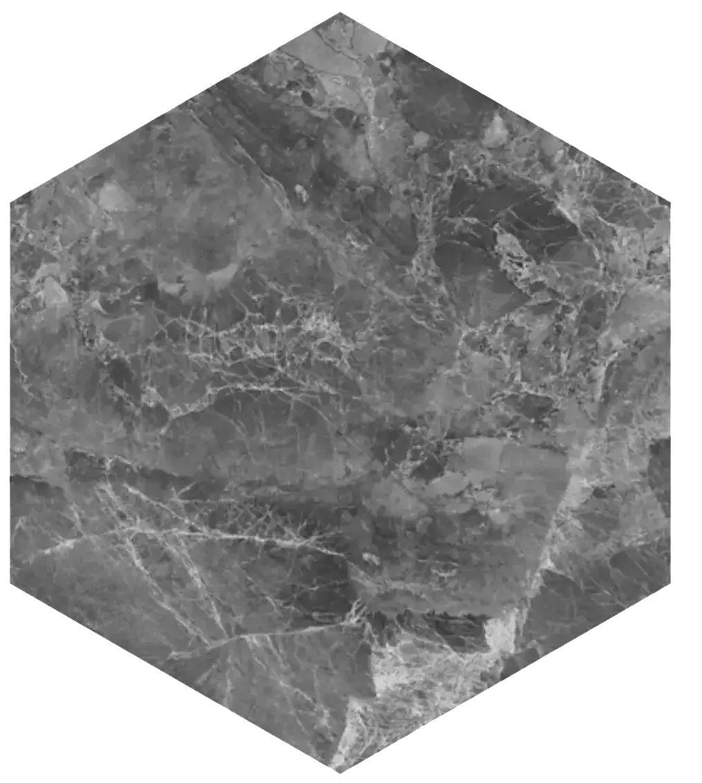 A decorative hexagon with a detailed gray and white stone texture.