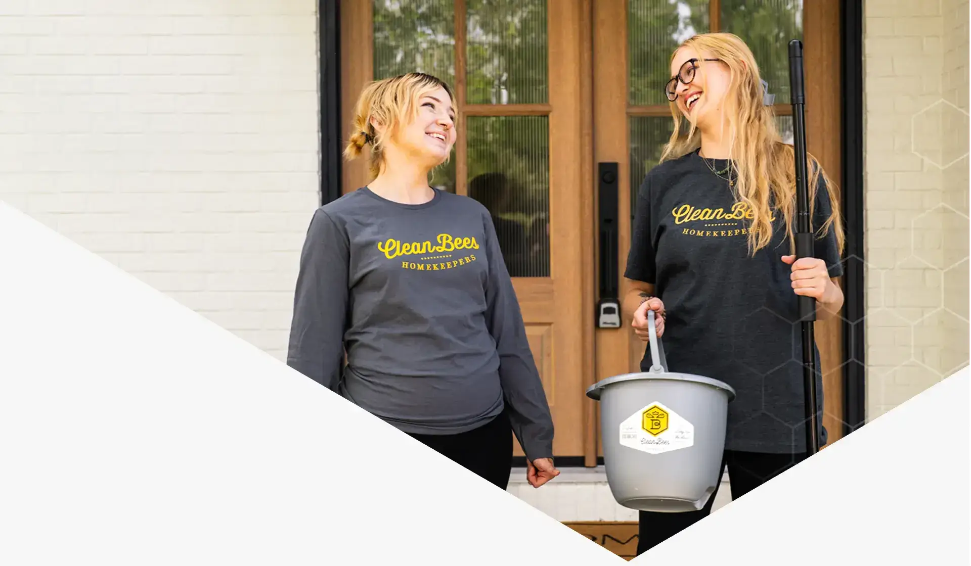 Two friendly cleaners from Clean Bees Homekeepers on their way to provide professional commercial cleaning.