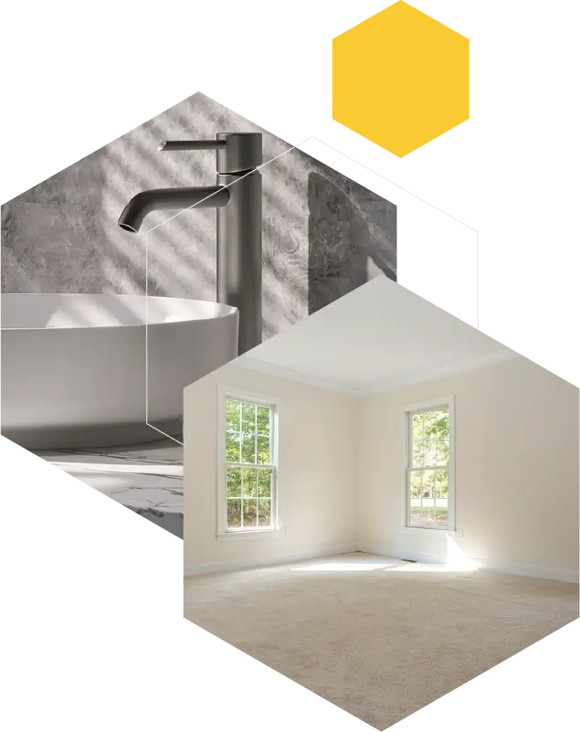 A composite image showing a clean bathroom sink and a spotless empty room, representing the professional residential cleaning services of Clean Bees Homekeepers in Fort Collins.